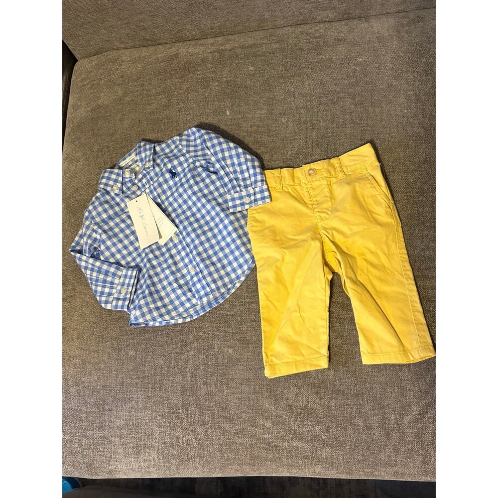Ralph Lauren Baby Blue/White gingham top and yellow pants set Size 6M NWT